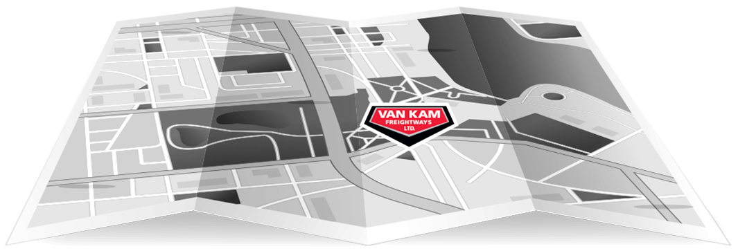 Unfolded city map with Van Kam logo indicating service location